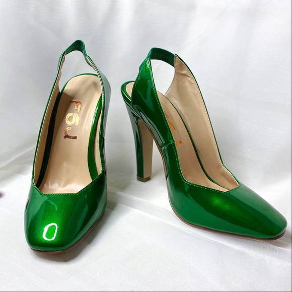 Leather Slingback Heel Square Toe Chunky Pumps - Picture 3 of 5